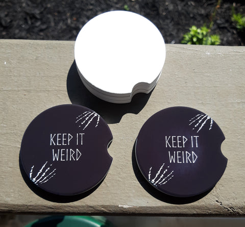 Keep it Weird Car Coaster Set | Morbid Podcast | Keep it Weird | Skeleton Car Coasters | Sandstone Car Coasters